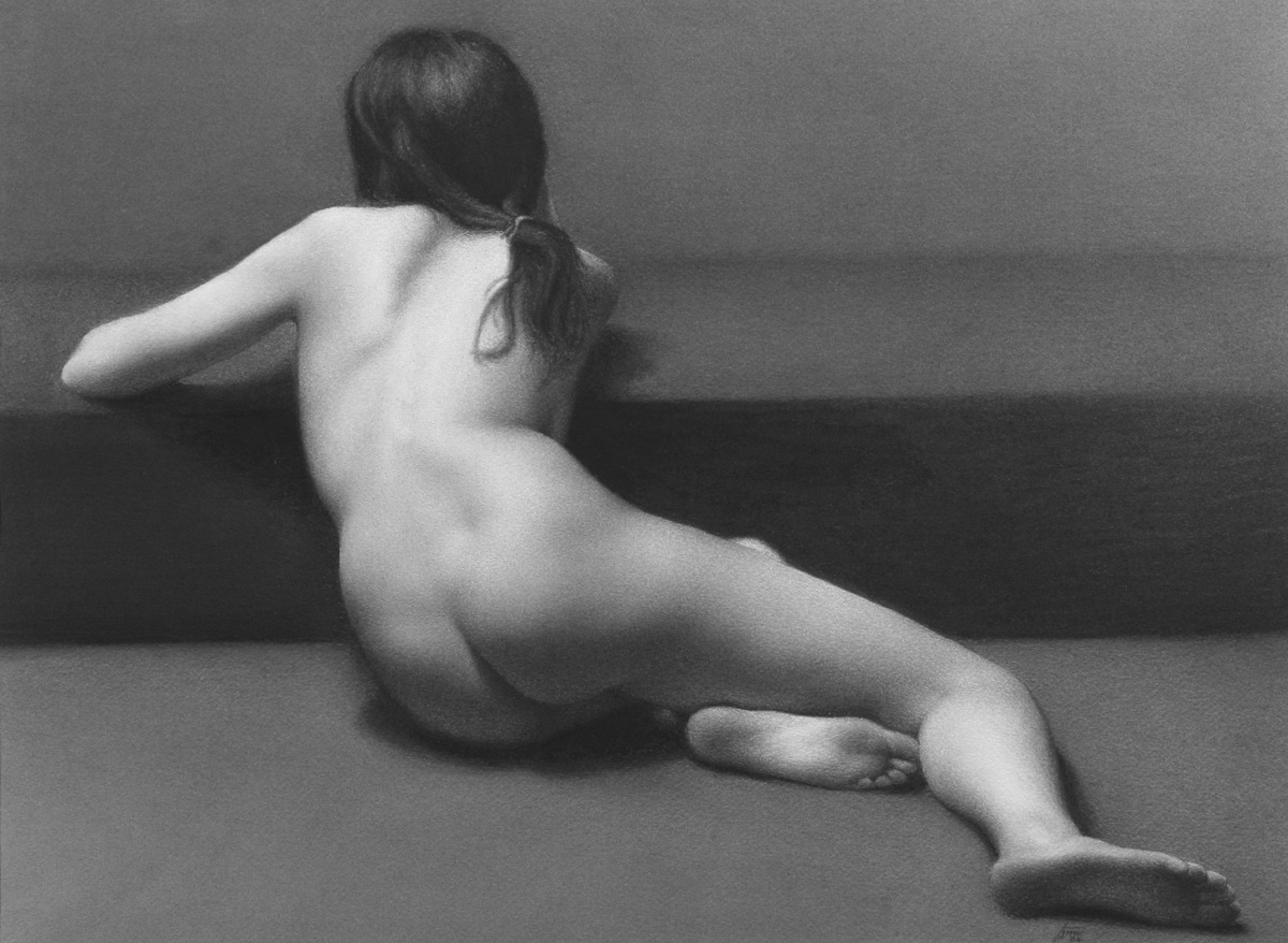 Damir May Nadia female nude in repose charcoal drawing